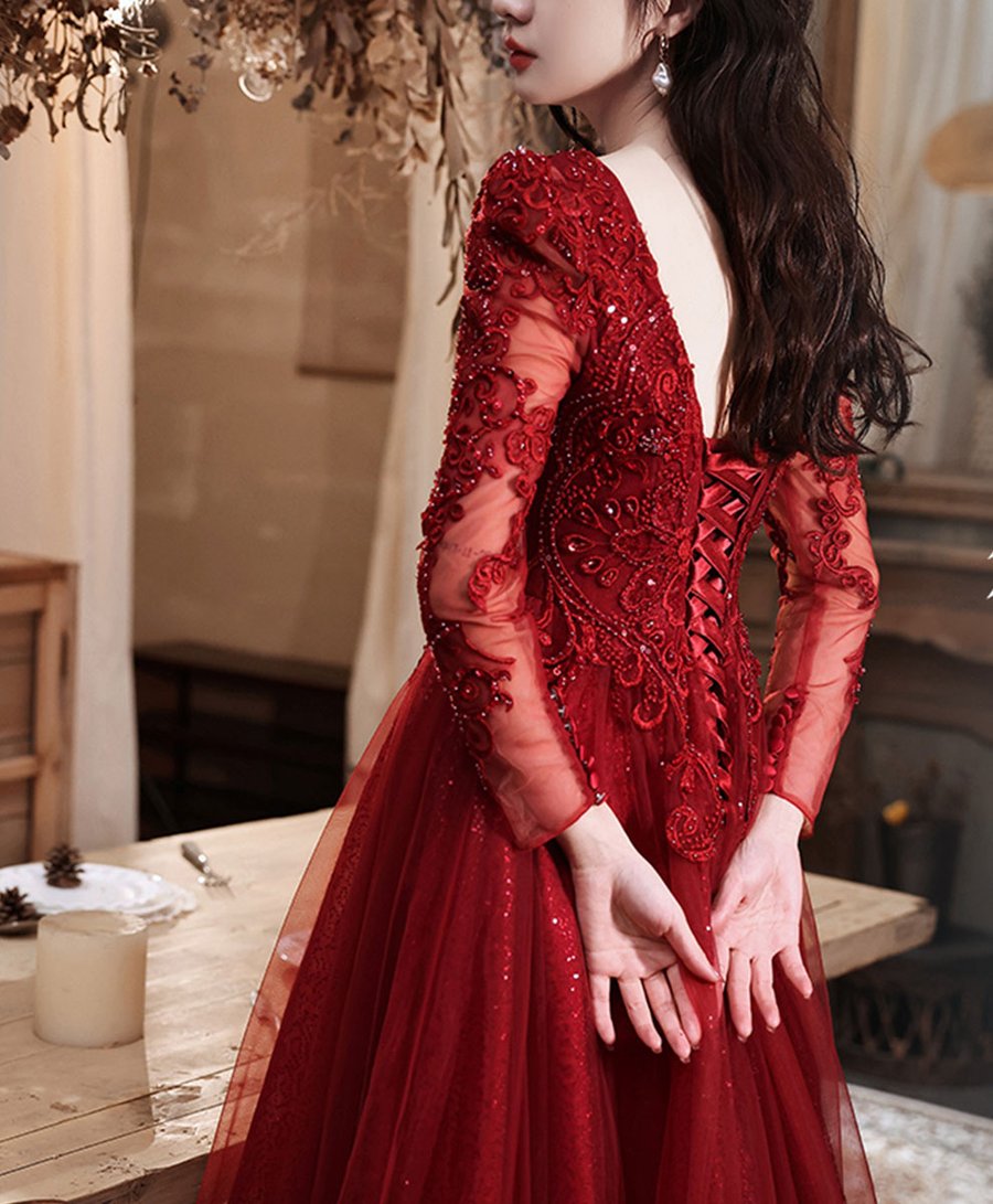 Burgundy tulle lace long prom dress, burgundy bridesmaid dress   cg15977