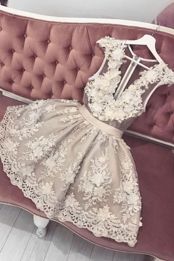 Cute v neck tulle lace short homecoming dress, lace homecoming dress, lace formal dress cg1601