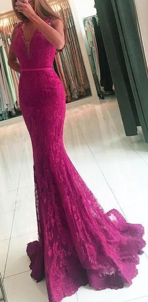 Mermaid V Neck Lace Prom Dresses ,Long Formal Evening Dresses,   cg16039