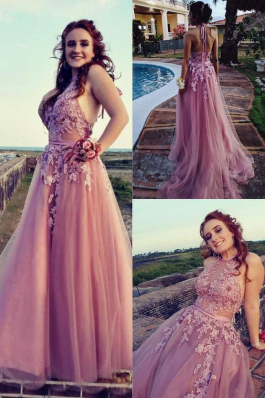 Halter Open Back Tulle Appliques Lace Prom Dresses   cg16092