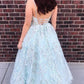 A Line V Neck Backless Blue Lace Floral Long Prom Dress, Blue Lace Formal Dress, Blue Evening Dress   cg16148