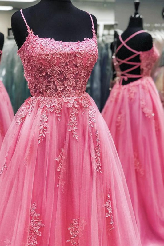 Pink tulle lace long prom dress pink evening dress   cg16278