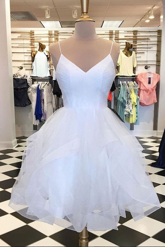 White tulle layered V neck short homecoming dress, white A line party dress cg1634