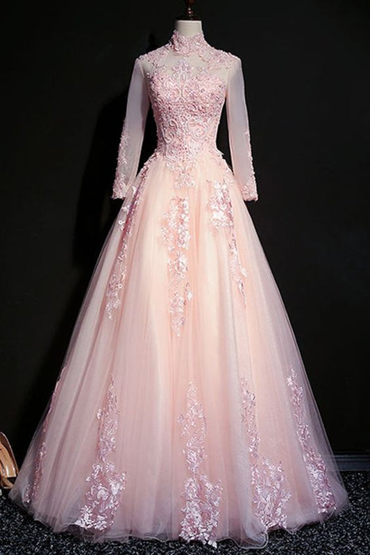 Pink tulle beaded long lace applique formal prom dress, evening dress with sleeve   cg16436