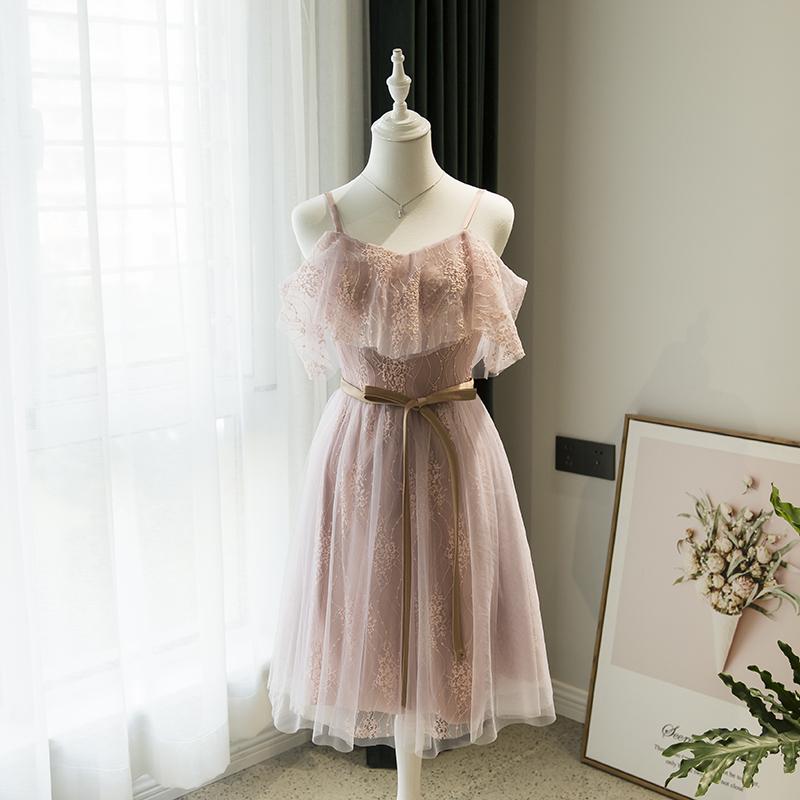 Short Party Dress Homecoming Dress Pink Lace Straps Short Bridesmaid Dress   cg16502