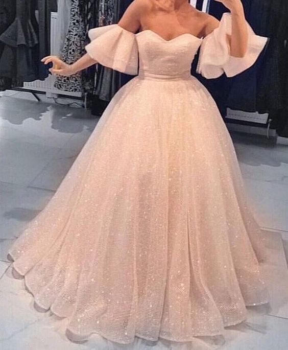 Sparkly Prom Dresses Aline Off-the-shoulder Short Sleeve Chic Long Prom Dress cg1688
