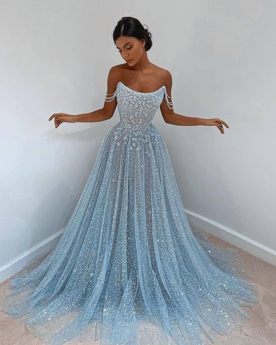 Blue tulle long prom dress, blue tulle evening dress    cg17031
