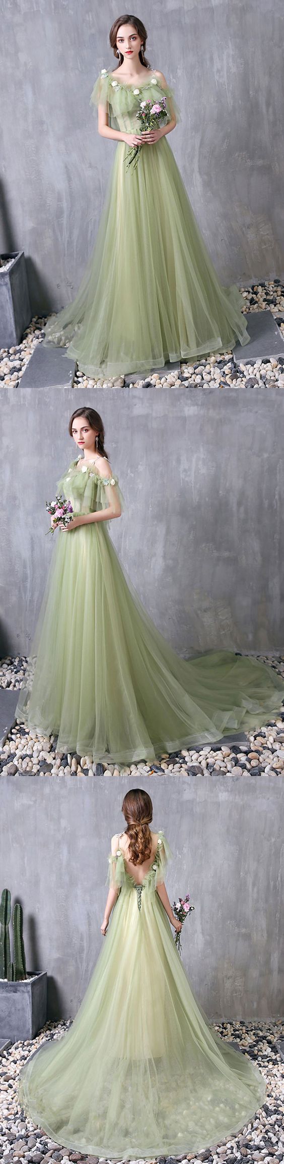 Green tulle long prom dress, evening dress cg1744