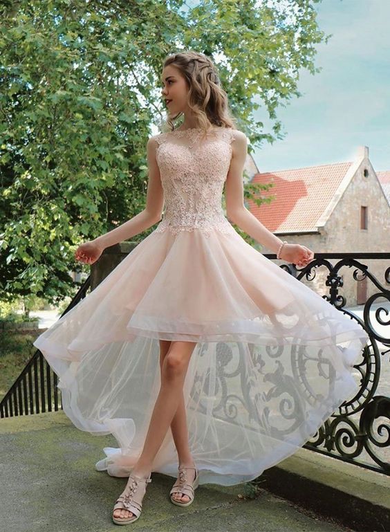 Light pink lace tulle high low prom dress, prom dress cg1749