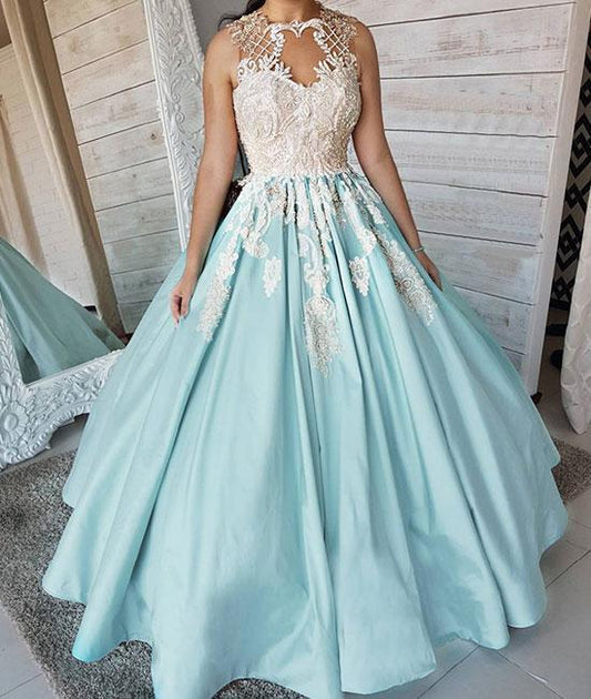 Unique satin lace applique long prom dress, blue evening dress   cg17610