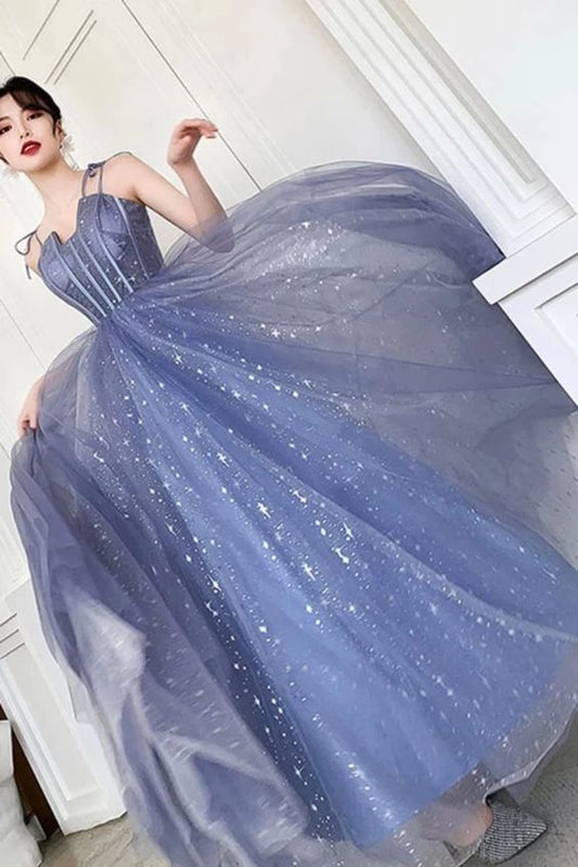 Unique Sparkle Straps Floor Length Tulle Prom Dress, A Line Sleeveless Evening Dresses   cg17747