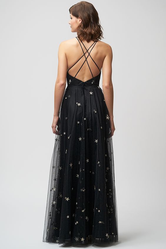 A line v neck black prom dress with stars cg1817