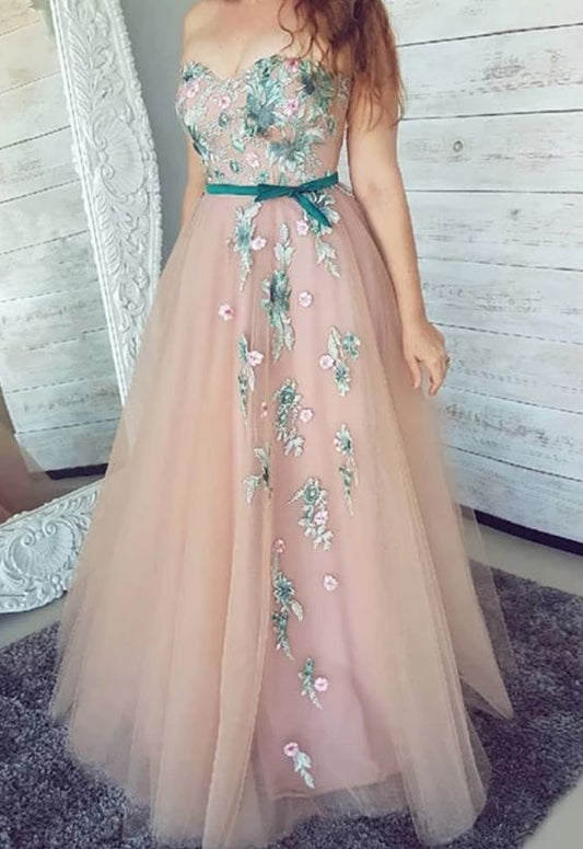 PinK sweetheart neck tulle lace applique long prom Dress   cg18223