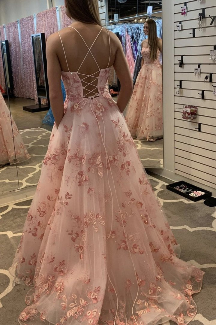 Pink tulle lace long ball gown dress A line evening prom dress   cg18342