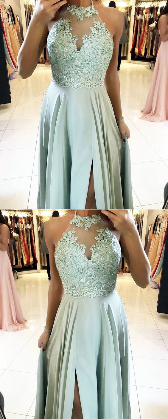 Sage Green Bridesmaid Dresses Halter Neck Side Split Chiffon Formal Bridal Party Dress Prom Dresses    cg18654