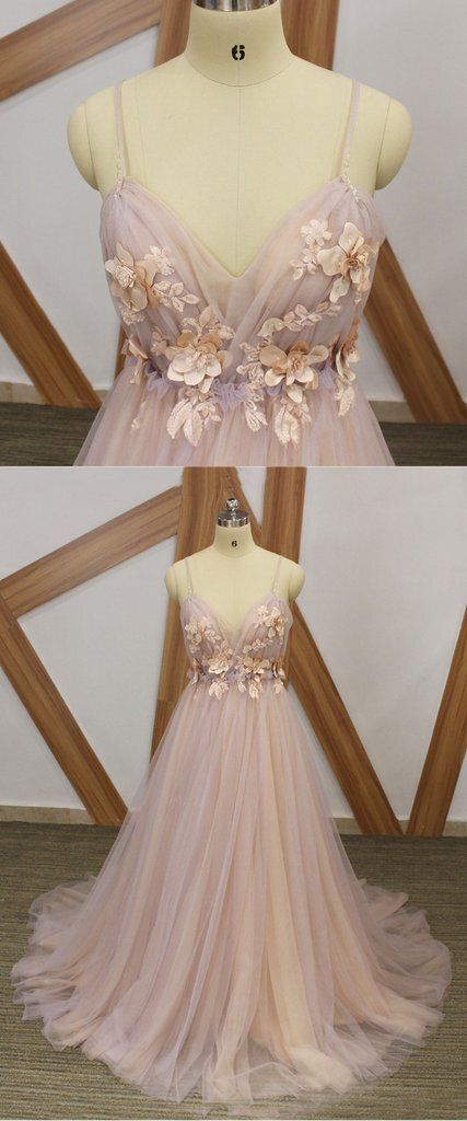 Pink tulle flowers spaghetti strap long formal evening dress, pink prom dress   cg18724