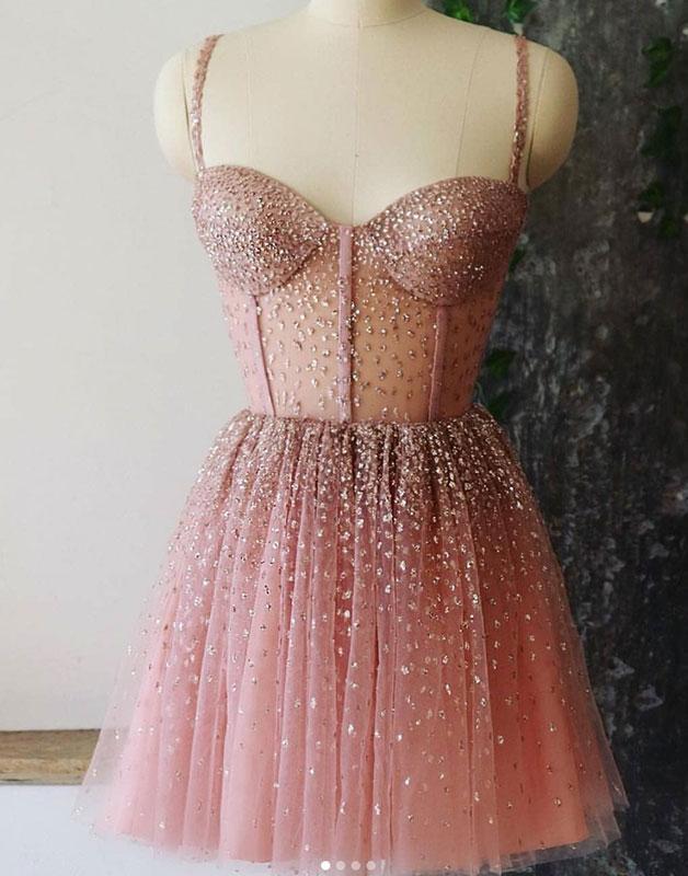 A-line Spaghetti Straps Short Dresses Dusty Pink Beaded Homecoming Dress  cg1880