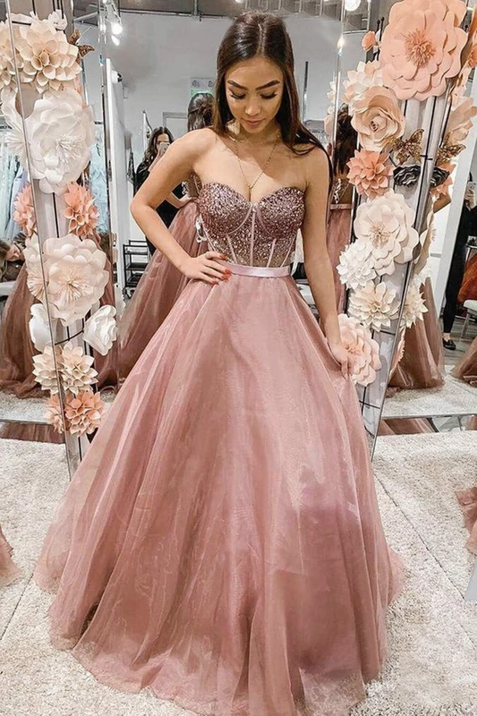 Pink tulle beads long prom dress A line evening dress    cg18970