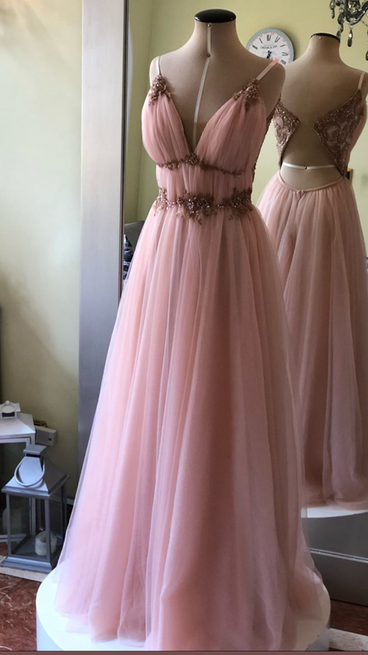 PINK TULLE BEADS LONG PROM DRESS A LINE EVENING DRESS     cg19109