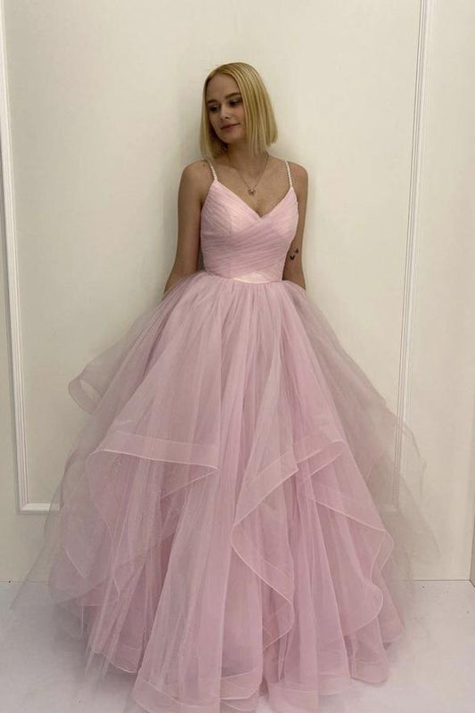Pink tulle long A line prom dress pink evening dress    cg19158