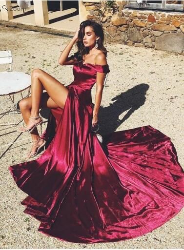Red Sexy Off Shoulder Side Slit Sweep Train Prom Gown cg1937