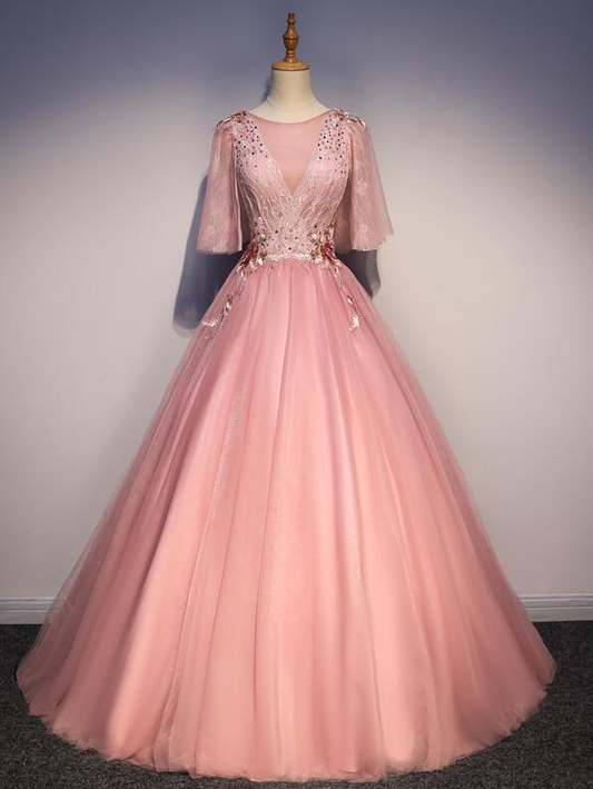 Pink Tulle Ball Gown Round Neckline Prom Dress, Pink Formal Gown    cg19400
