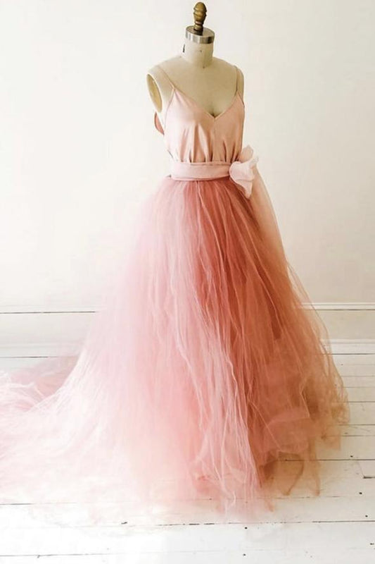 Pink tulle long prom dress pink evening dress    cg19465