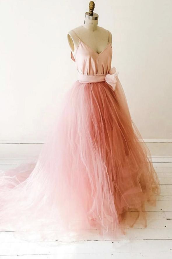 Pink tulle long prom dress pink evening dress    cg19465