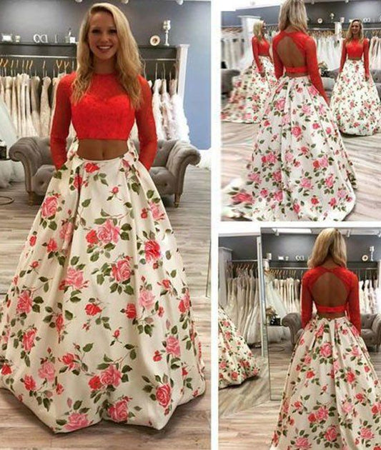 Unique red two pieces long prom dress, red evening dress    cg19539