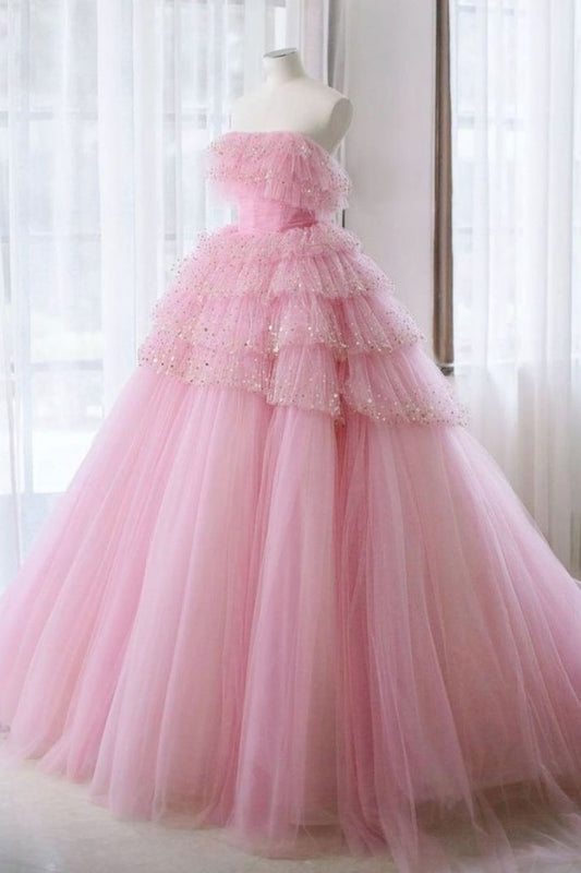 PINK TULLE LACE LONG PROM DRESS PINK TULLE EVENING DRESS    cg19839