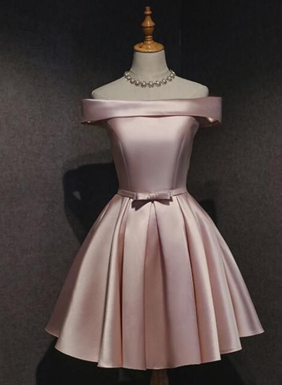Pink Off Shoulder Homecoming Dress, Pink Party Dress 2019, Cute Satin Dress cg1989