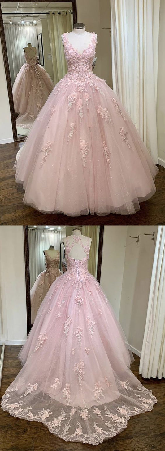 Pink tulle lace prom gown, sweet 16 dress    cg19966