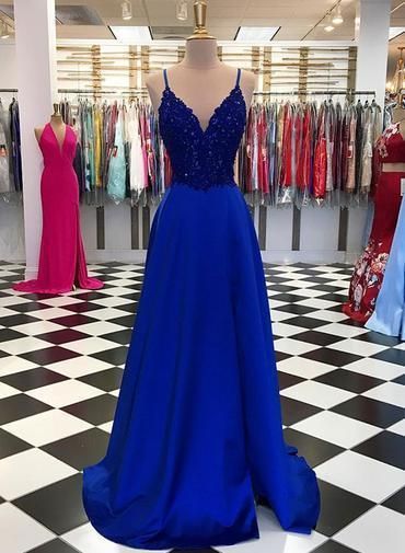 Sexy V neck Royal Blue A Line Prom Dress, Spaghetti Straps Evening Dress cg1997