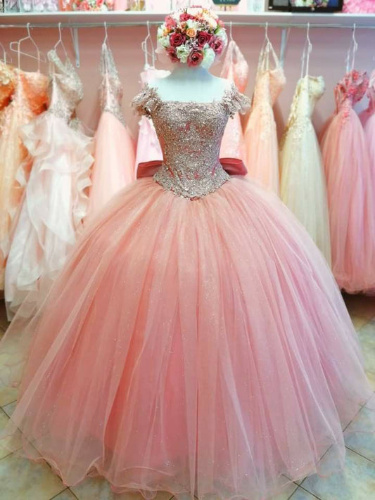Pink tulle beads long prom dress off shoulder evening dress    cg19999