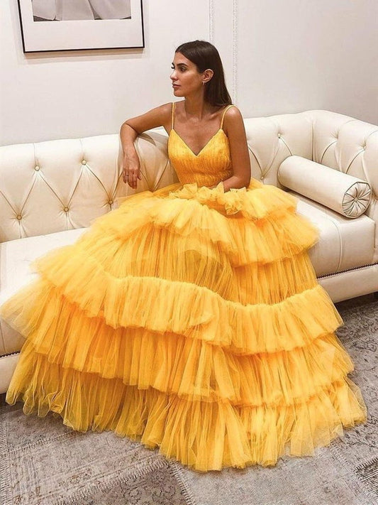 V Neck Backless Yellow Tulle Layered Long Prom Dresses, Layered Yellow Formal Evening Dresses   cg20145