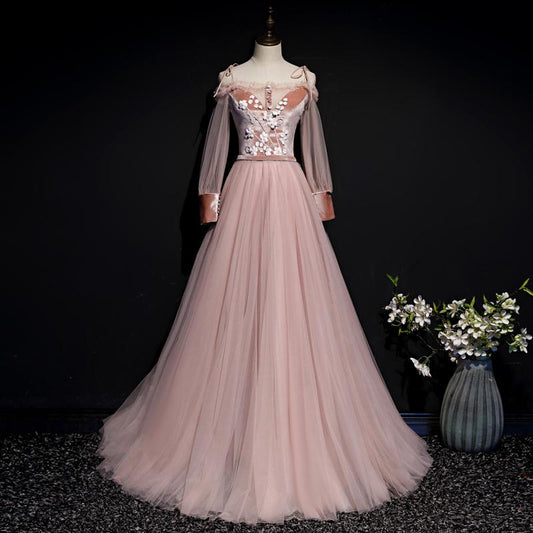 Pink Tulle And Velvet Long Sleeves Flowers Evening Dress, New Style A-Line Party Dress Prom Dress    cg20187