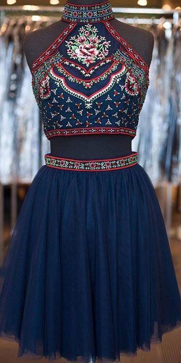 Two-Piece High Neck Short Tulle Navy Blue Homecoming Dress with Embroidery cg202
