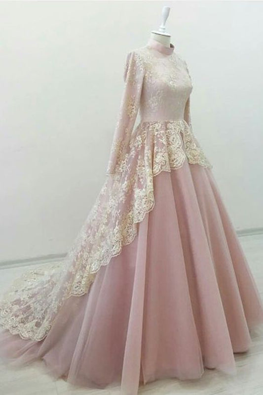 Pink tulle high neck court train evening dress prom gown with long sleeves    cg20370