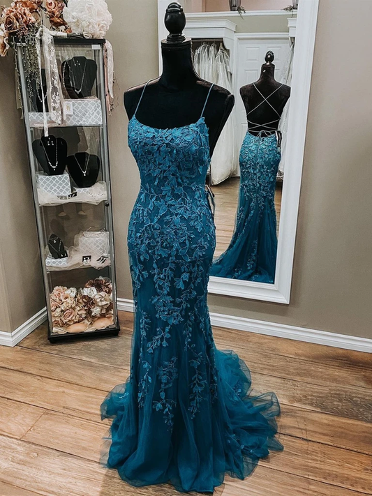 Mermaid Backless Dark Teal Lace Long Prom Dresses    cg20621