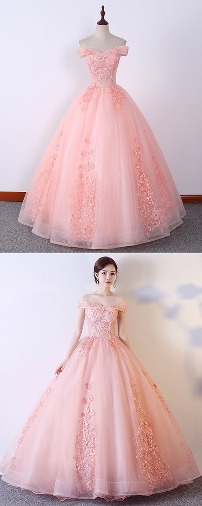 Pink Off Shoulder Embroidery Lace Applique Long Quinceanera Dress, Sweet 16 Prom Dress cg2064
