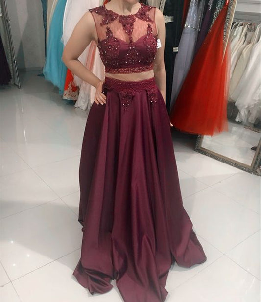 Burgundy prom dresses satin long formal two piece gowns    cg20754