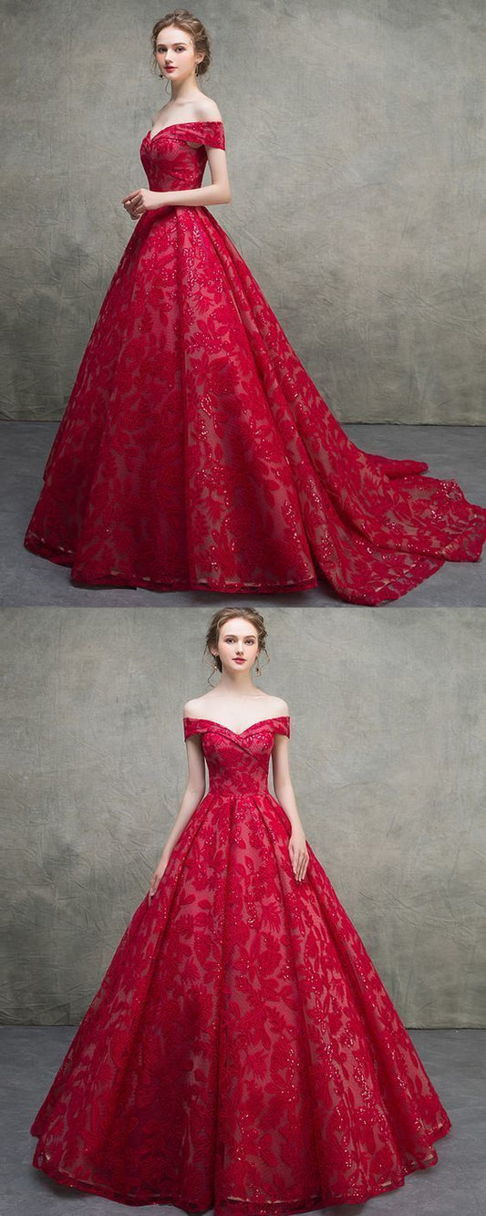 Unique Red Lace Off Shoulder Lace Up Long Senior Prom Dress, Prom Gown    cg20988