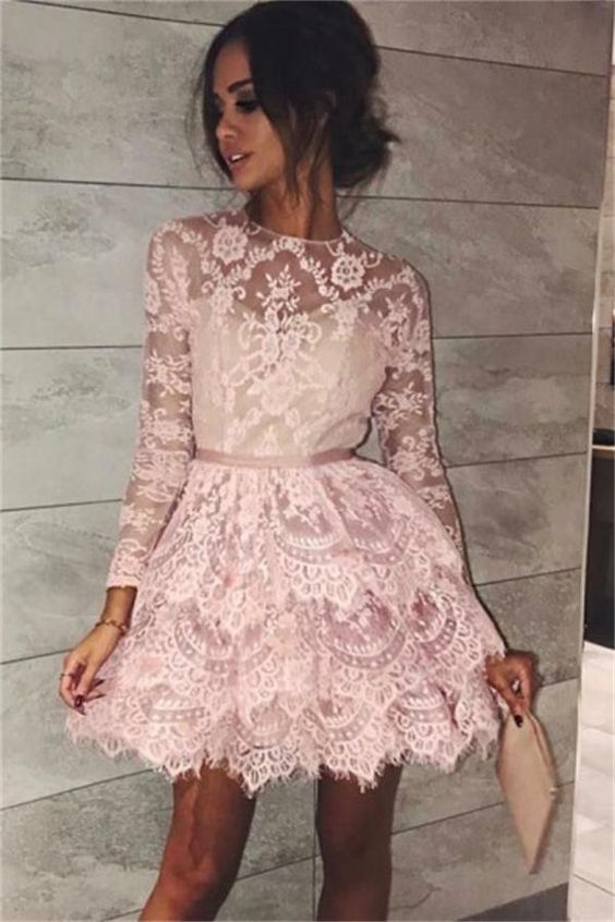 pink short homecoming dresses, long sleeves lace short dresses, lace tiered short homecoming dress with sleeves  cg210