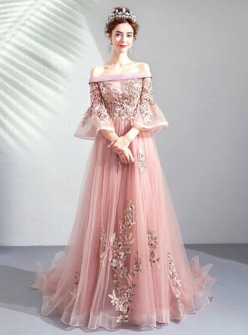 Pink Tulle Appliques Off the Shoulder Puff Sleeve Prom Dress    cg21079