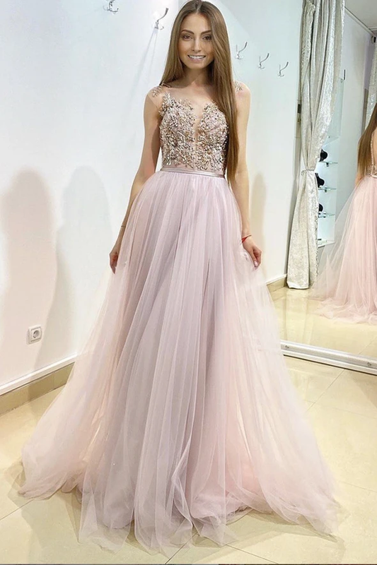 Pink tulle lace long A line prom dress evening dress   cg21105