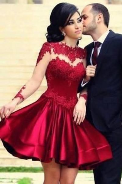 Short Homecoming Dress,Burgundy Dress,Full Sleeve Gown,Wedding Party Dress  cg213