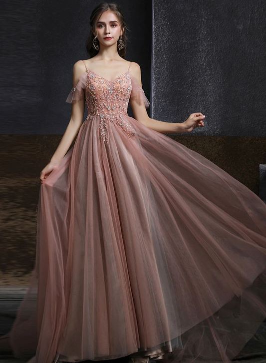 Pink Sweetheart Straps Beaded Long Formal Dress, Pink Tulle A-Line V Back Evening Dress Prom Dress   cg21329