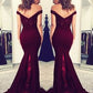 Charming Burgundy Off Shoulder Elastic Satin Long Mermaid Lace Prom Dresses    cg21390