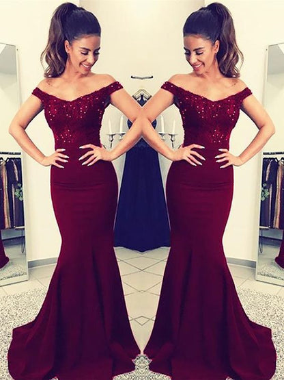 Charming Burgundy Off Shoulder Elastic Satin Long Mermaid Lace Prom Dresses    cg21390