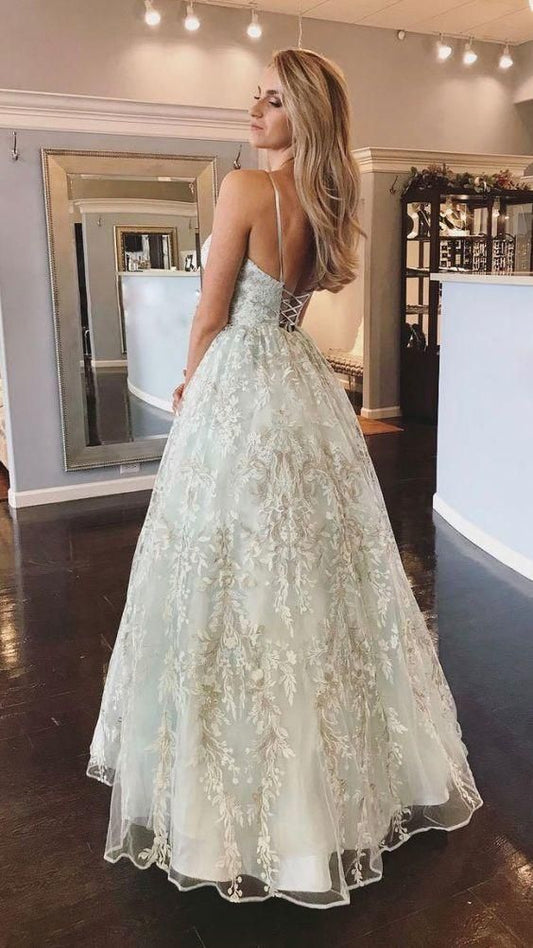 Unique tulle lace long prom dress, backless long evening dress   cg21446